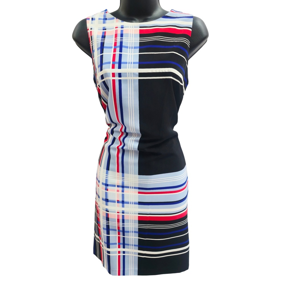 Vince Camuto Women Blue Red Black Plaid Stripe Colorblock Shift Dress Size 2